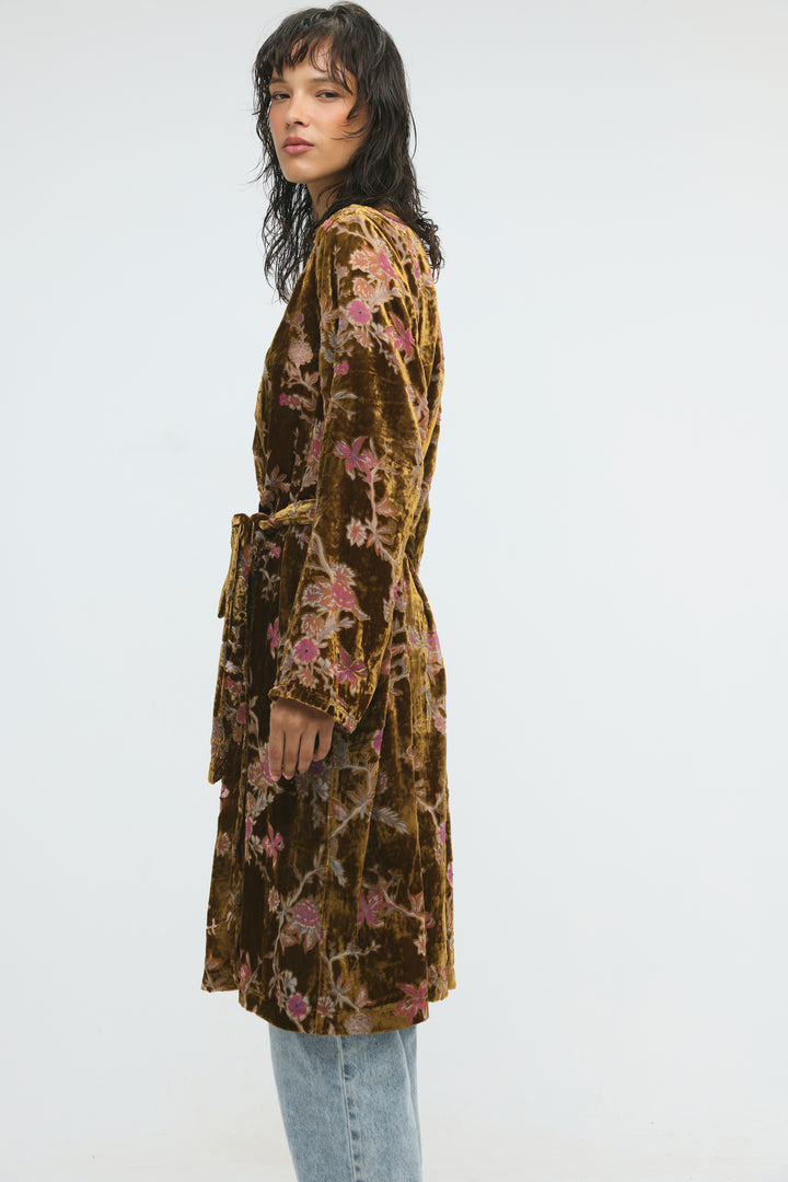 Long Floral Velvet Brown Kimono