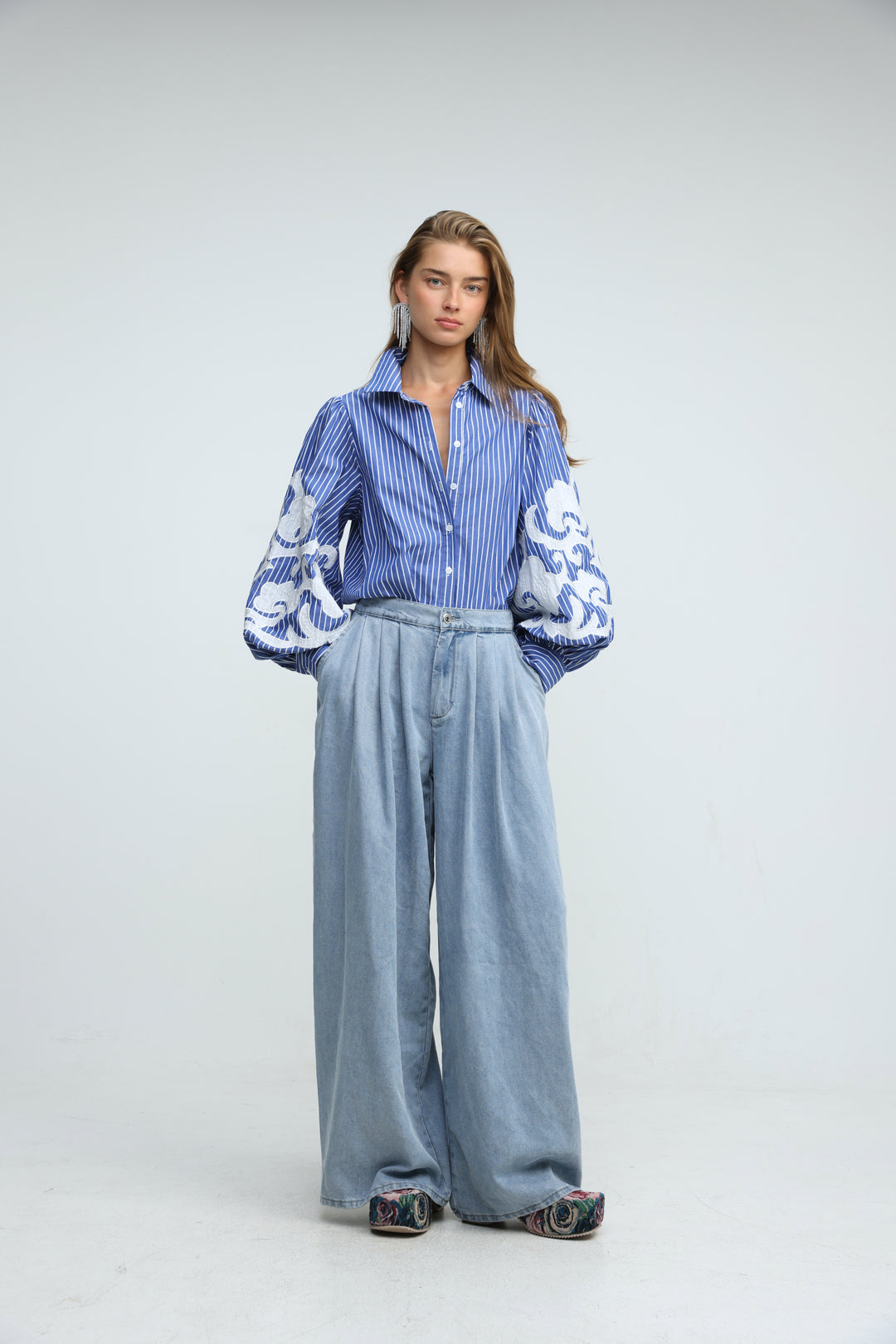 Embroidered Striped Blue Buttoned Shirt