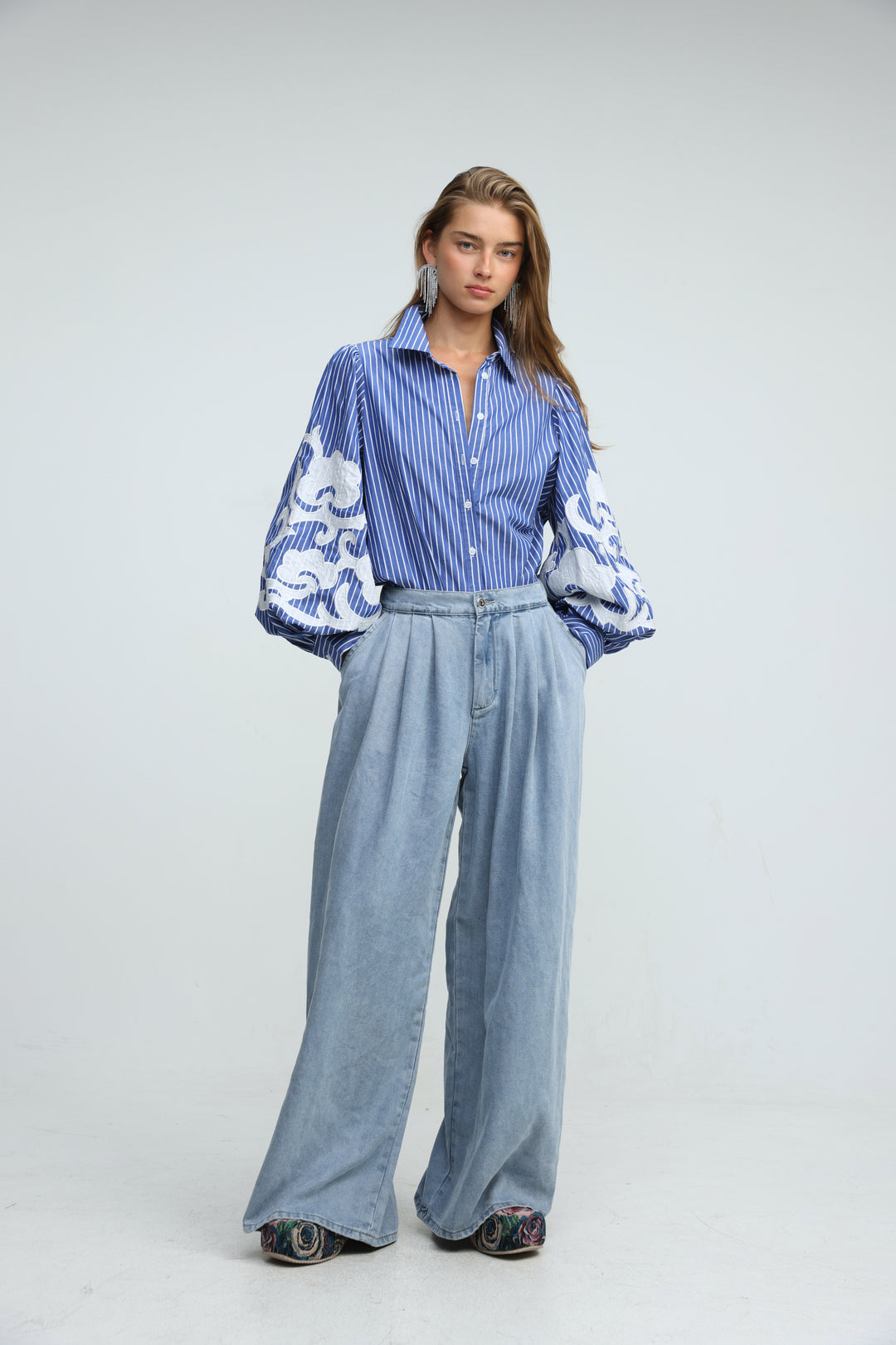 Embroidered Striped Blue Buttoned Shirt
