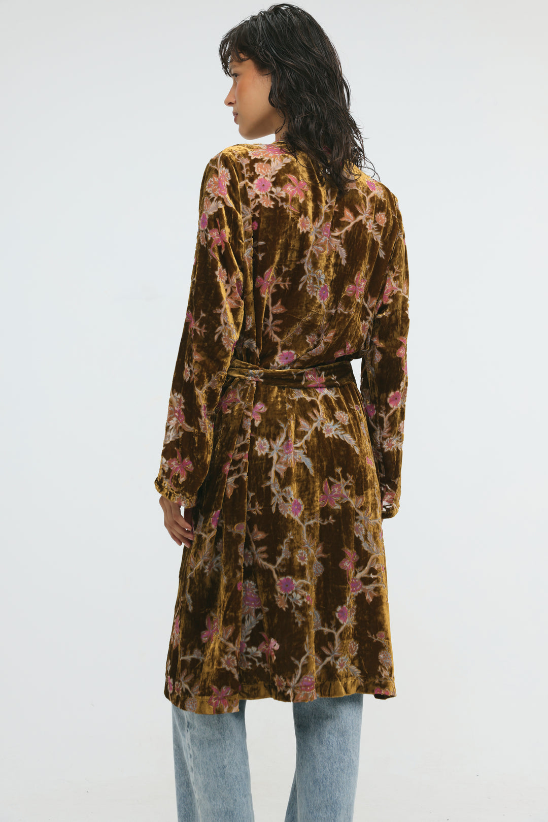 Long Floral Velvet Brown Kimono