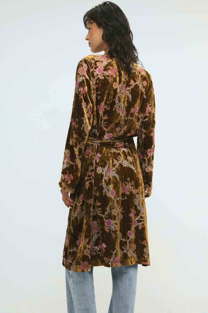 Long Floral Velvet Brown Kimono