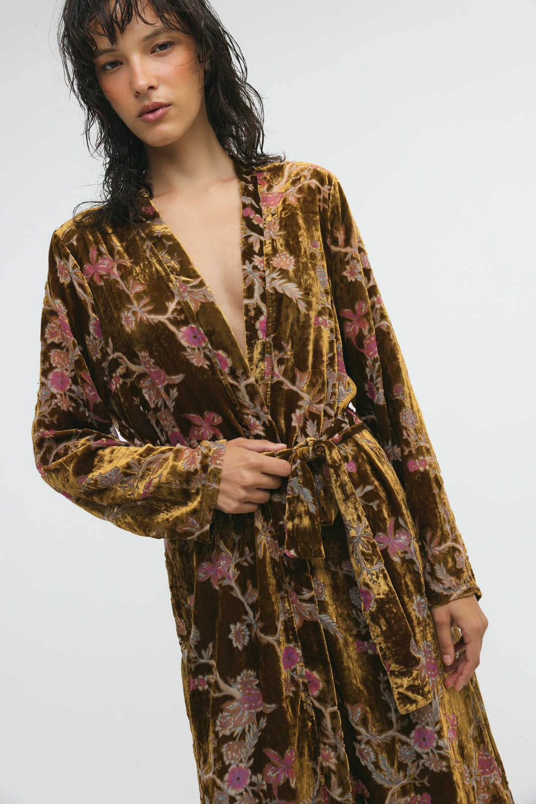 Long Floral Velvet Brown Kimono
