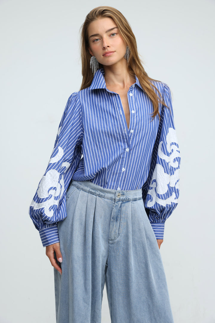 Embroidered Striped Blue Buttoned Shirt