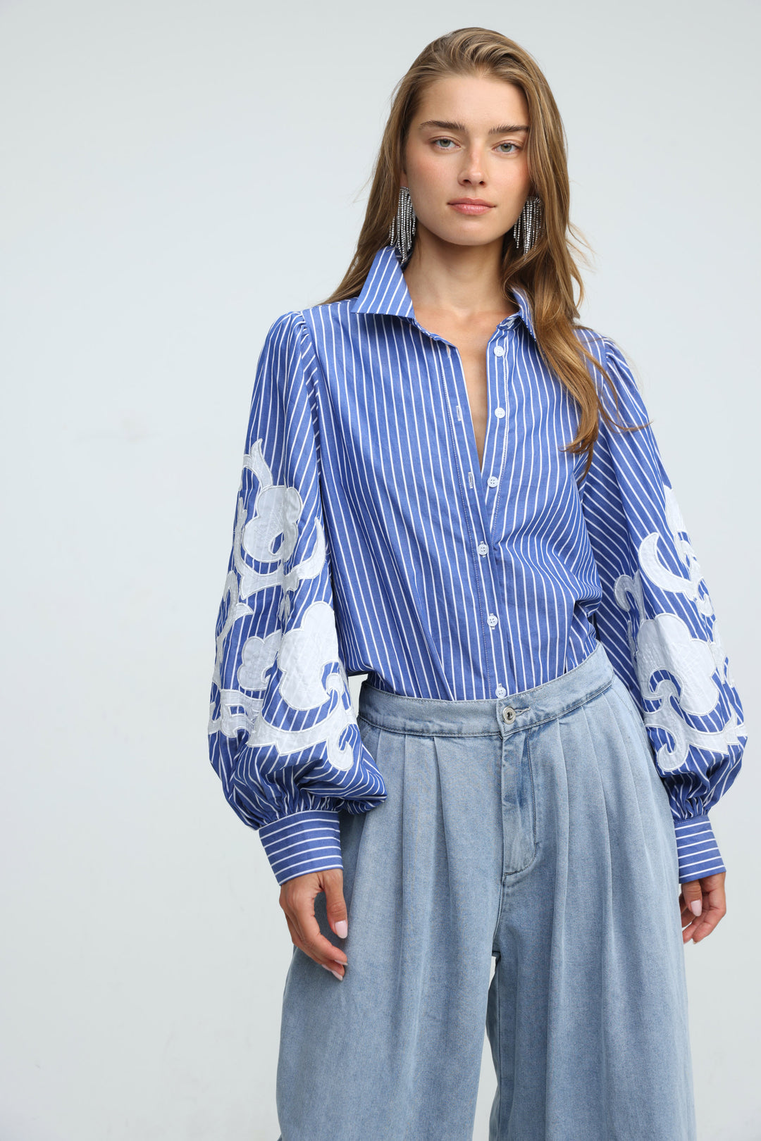 Embroidered Striped Blue Buttoned Shirt