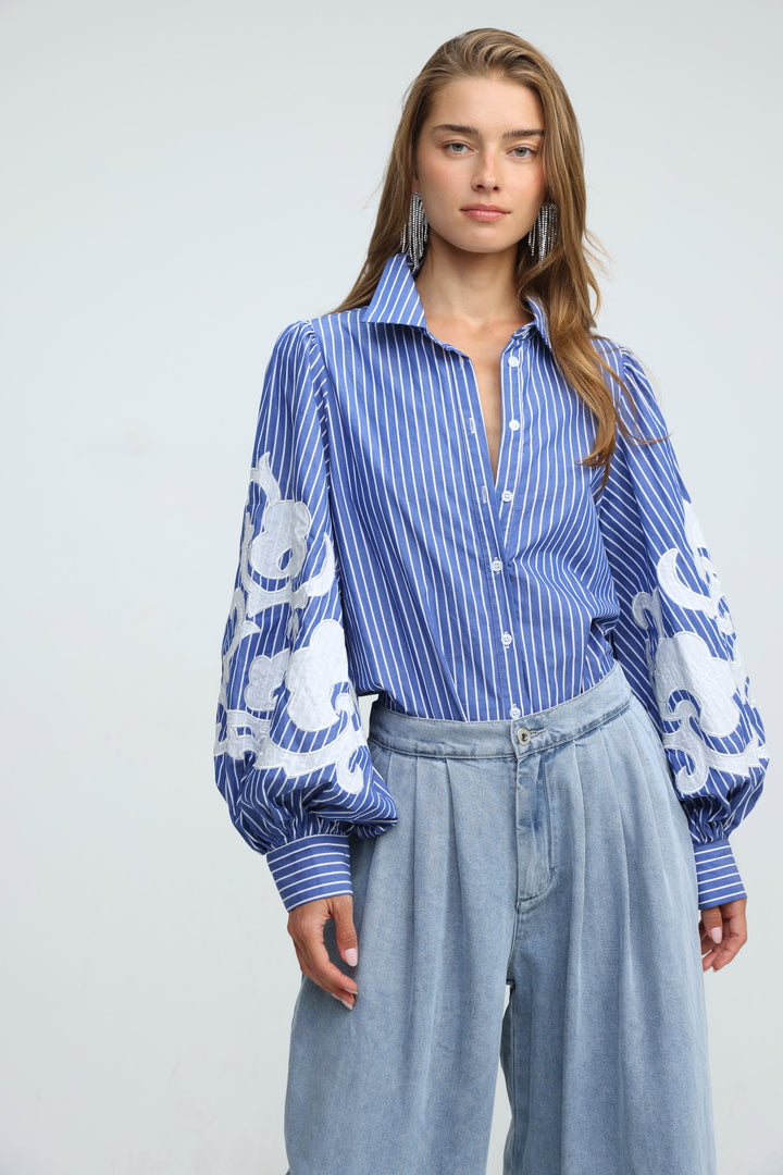 Embroidered Striped Blue Buttoned Shirt