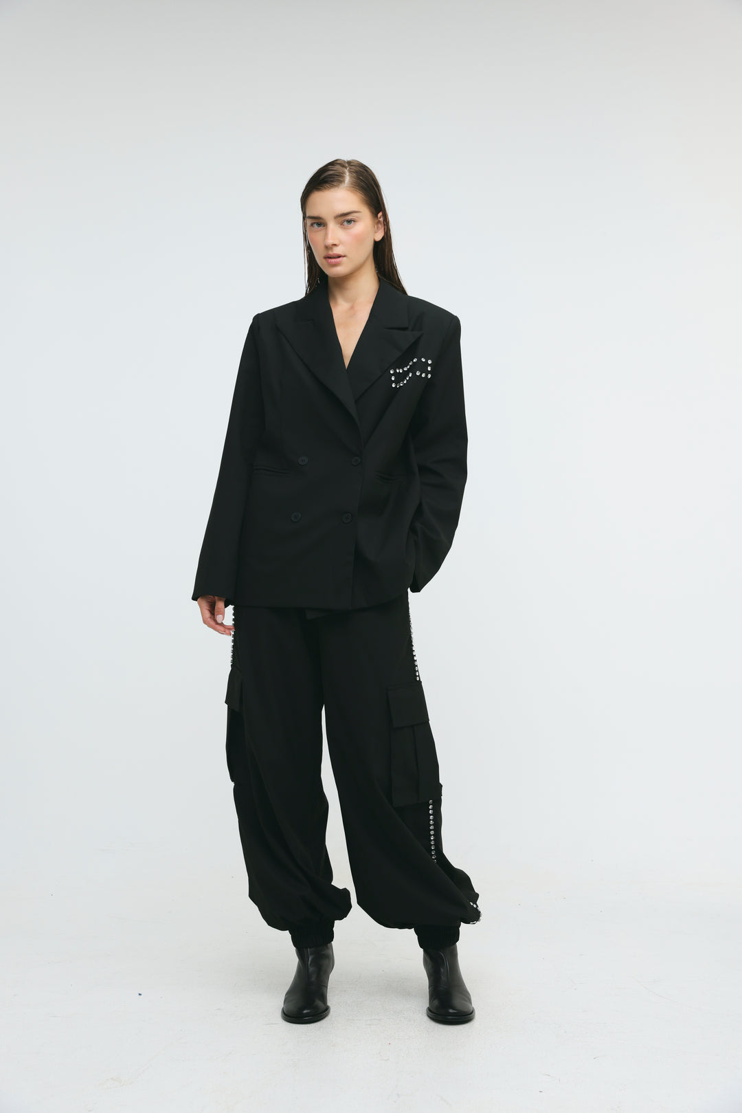 Rhinestone Pocket Tailored Black Blazer
