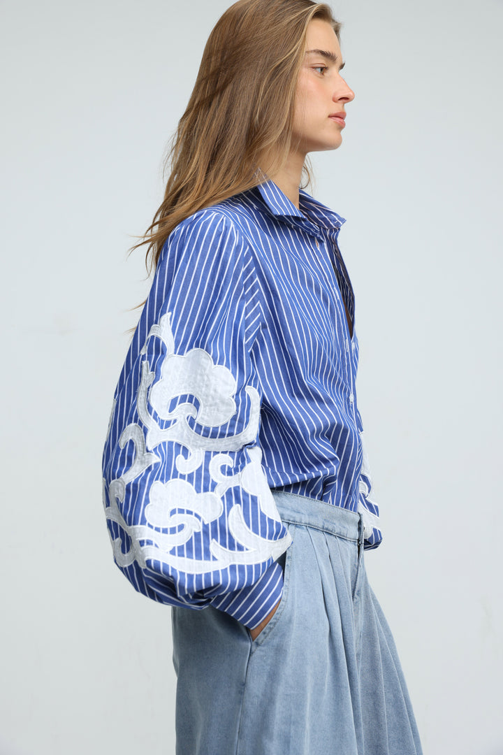 Embroidered Striped Blue Buttoned Shirt