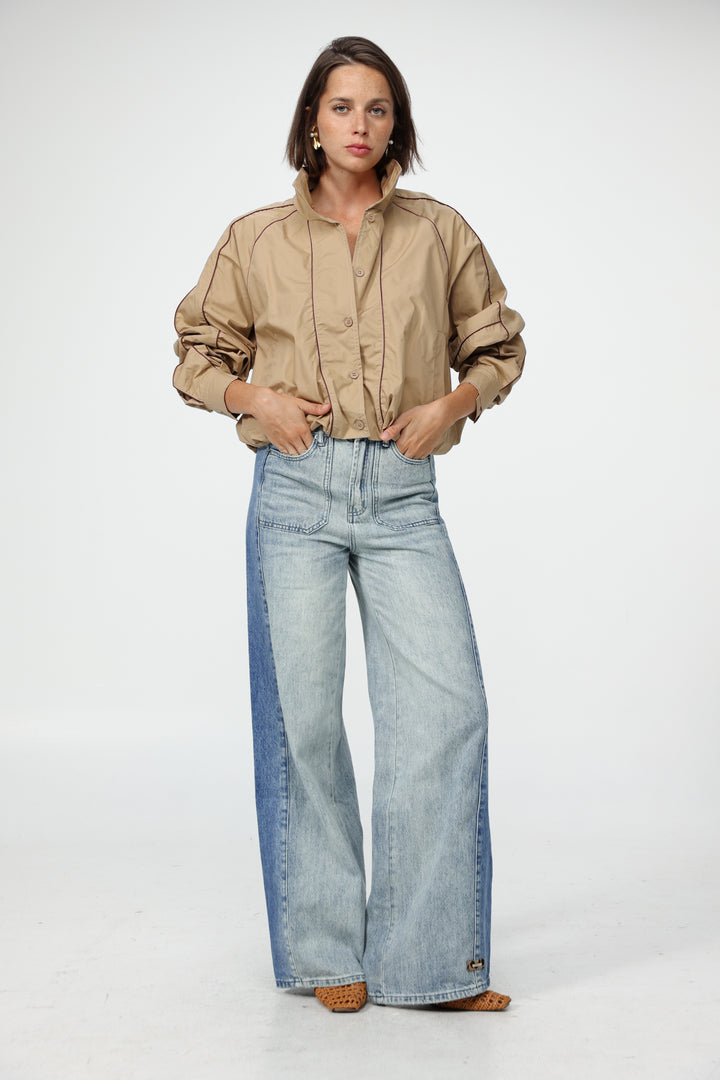Beige Piped Buttoned Shirt