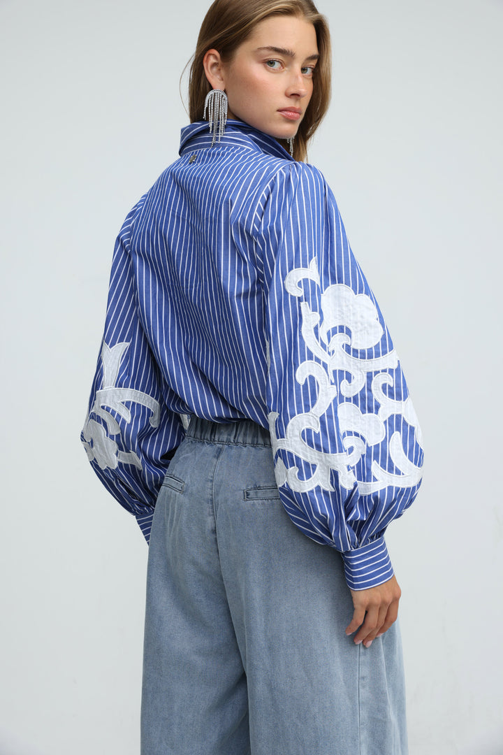 Embroidered Striped Blue Buttoned Shirt