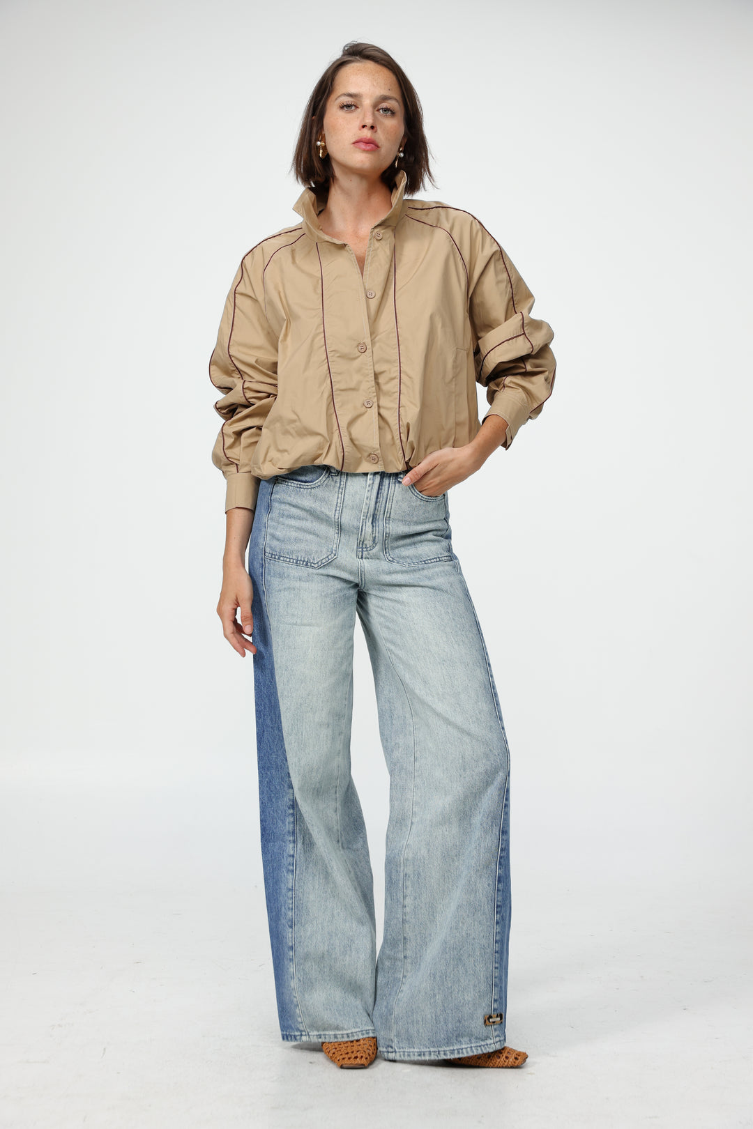 Beige Piped Buttoned Shirt