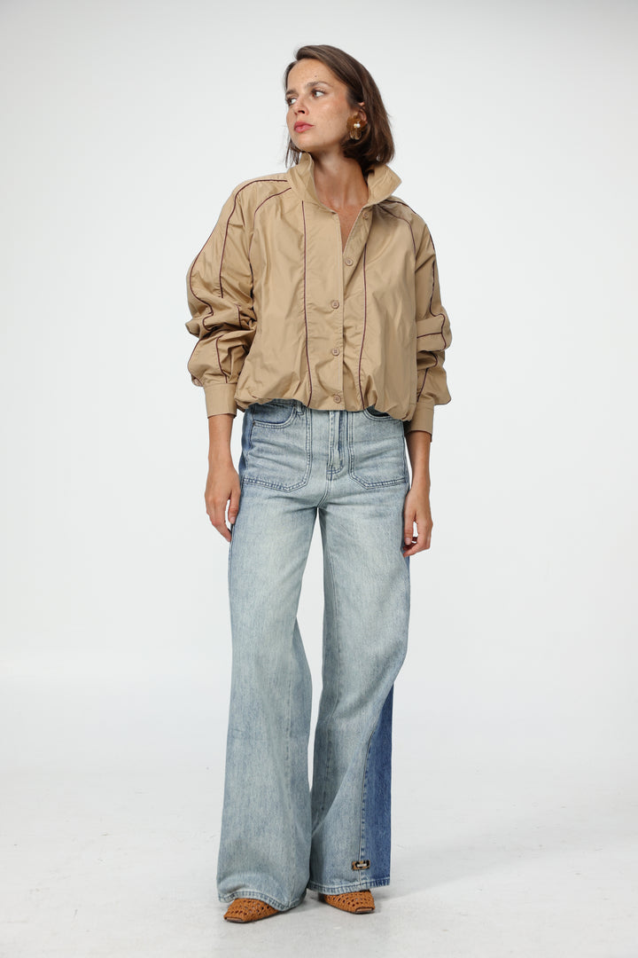 Beige Piped Buttoned Shirt