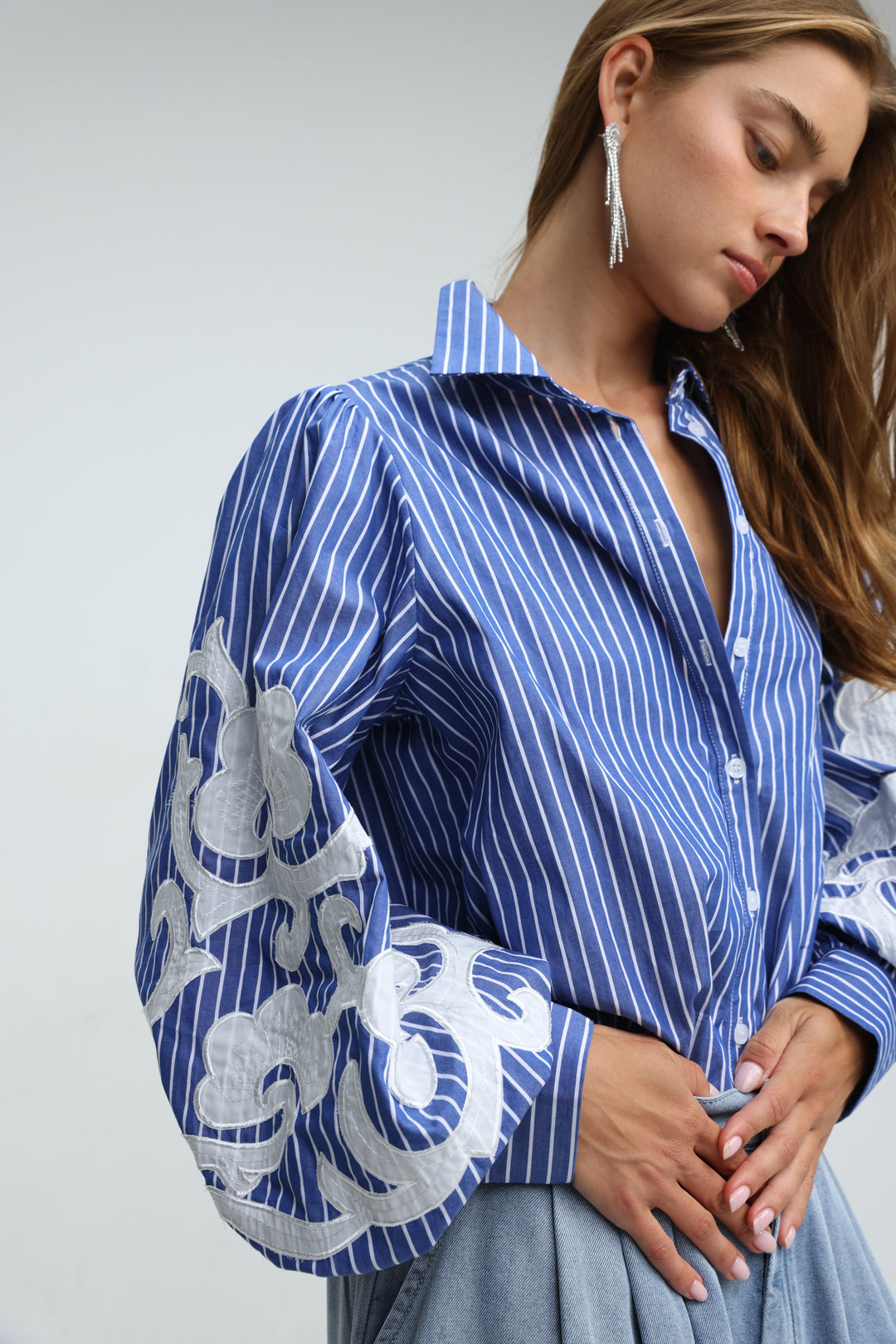Embroidered Striped Blue Buttoned Shirt