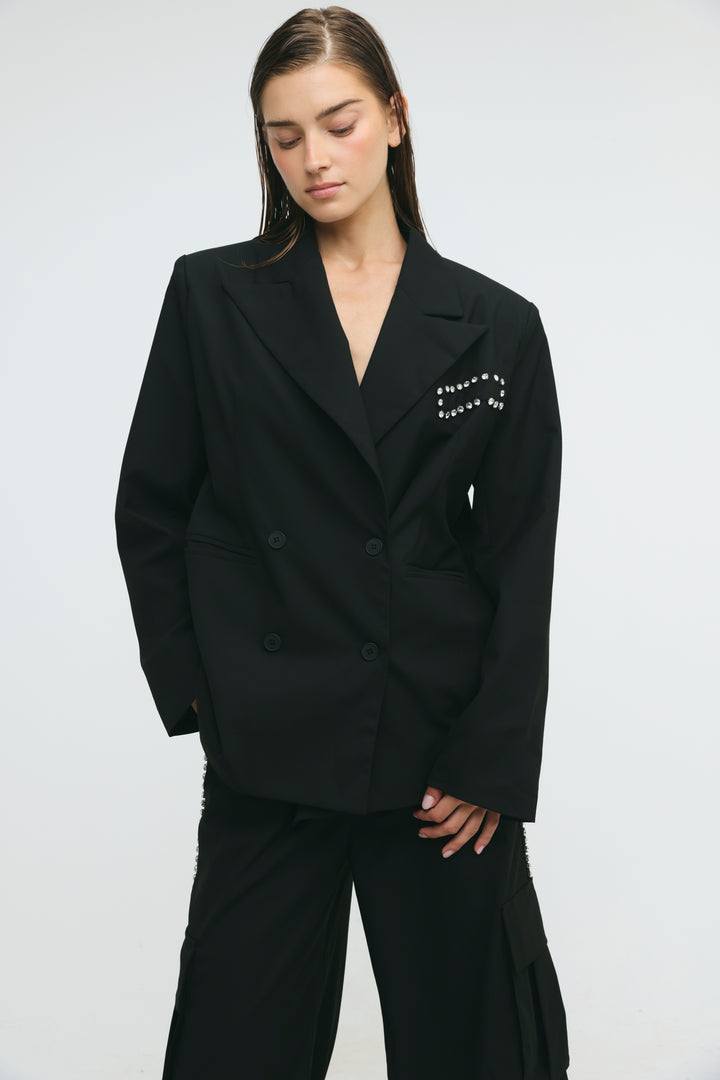 Rhinestone Pocket Tailored Black Blazer