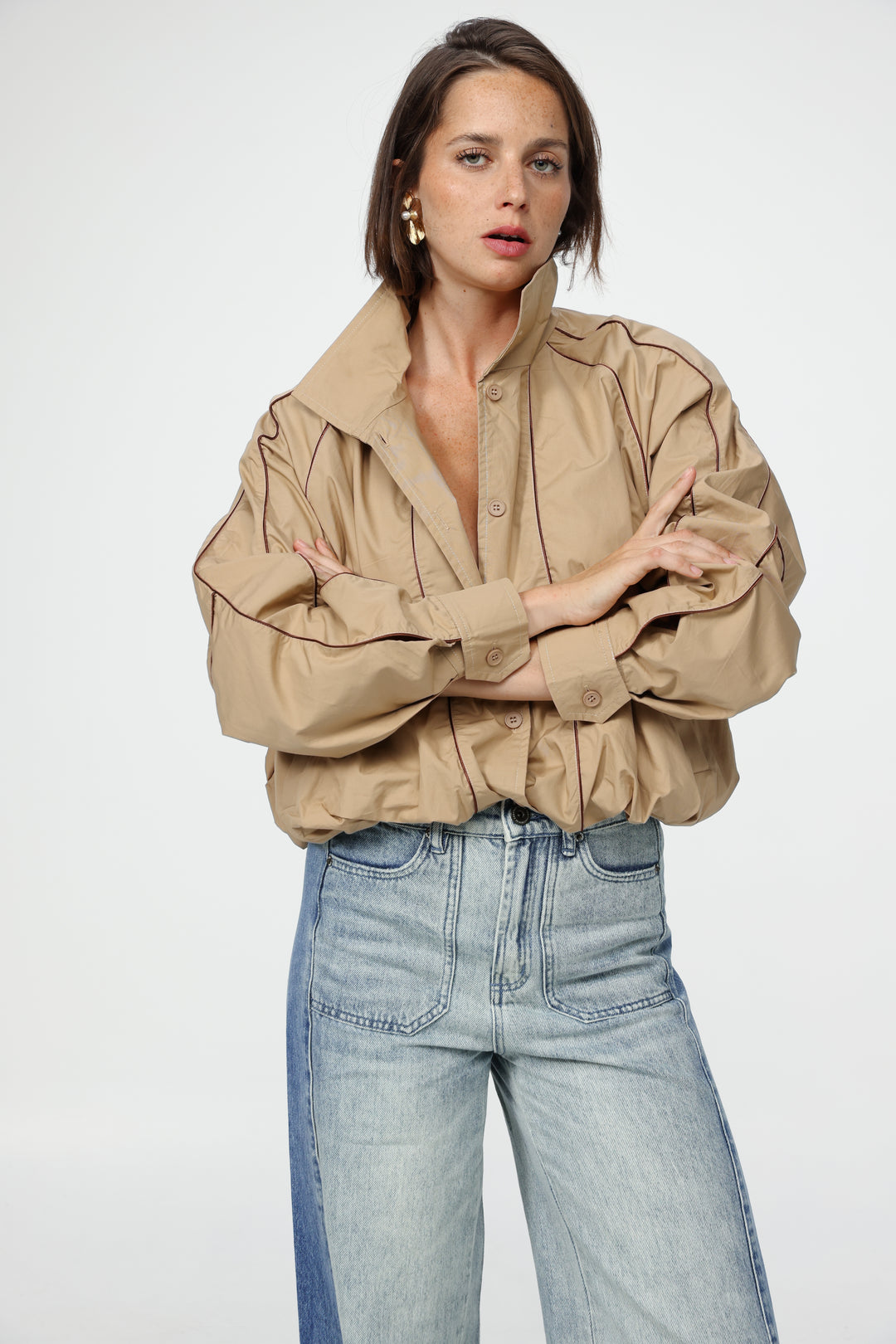 Beige Piped Buttoned Shirt