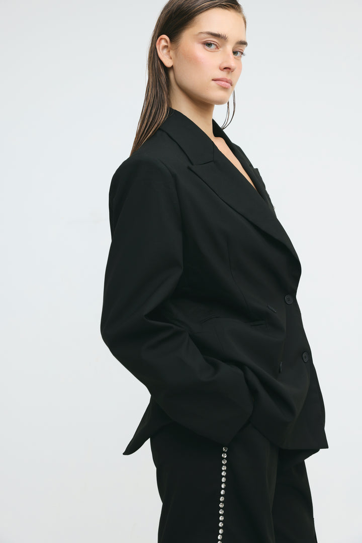 Rhinestone Pocket Tailored Black Blazer