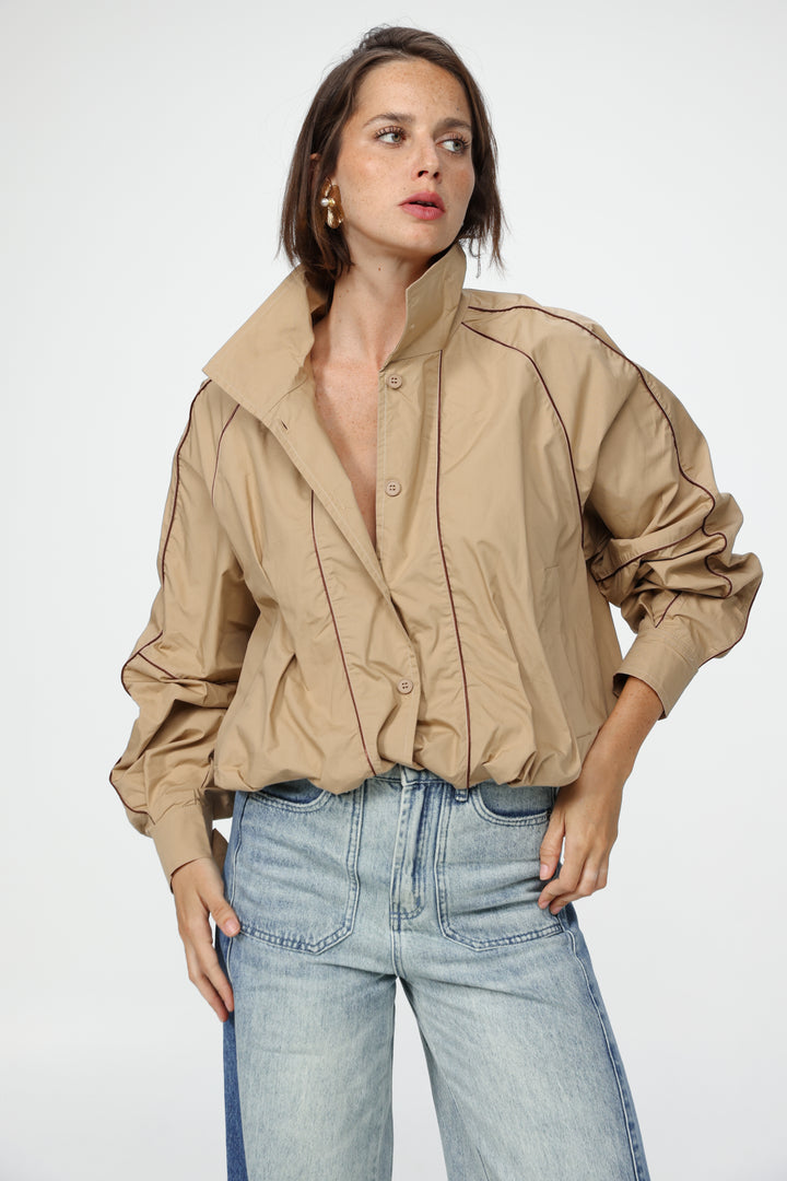Beige Piped Buttoned Shirt