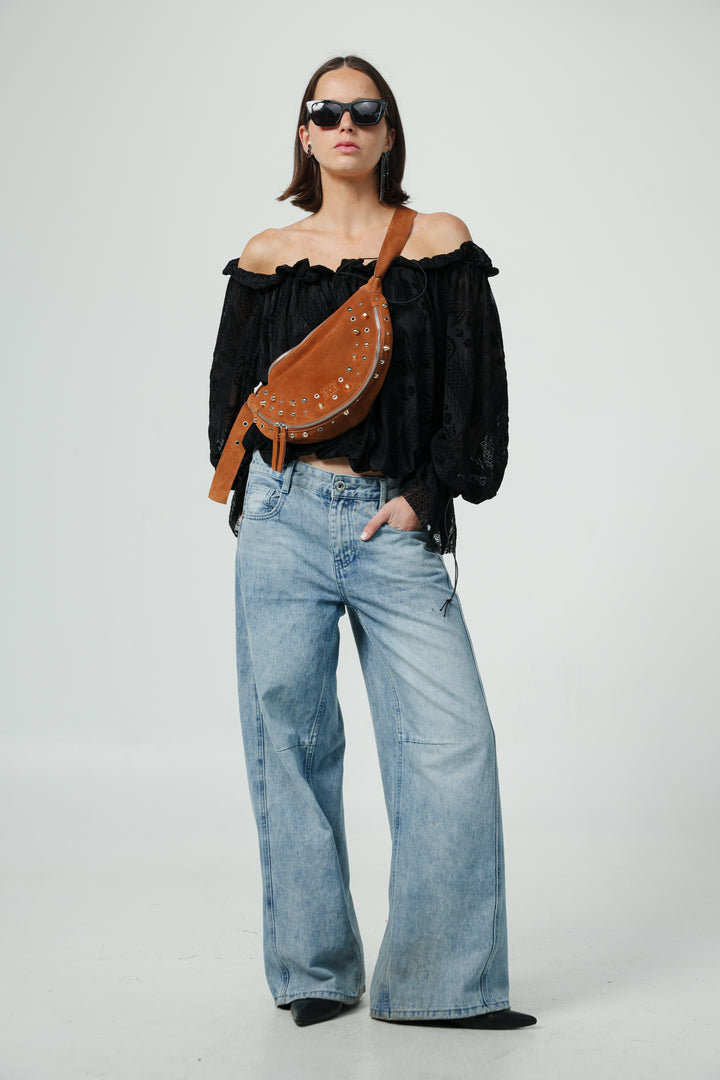 Space Studded Camel Suede Bag