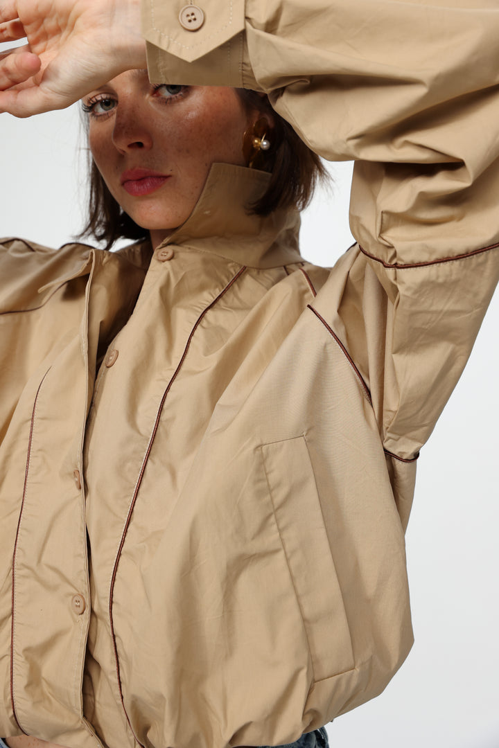 Beige Piped Buttoned Shirt