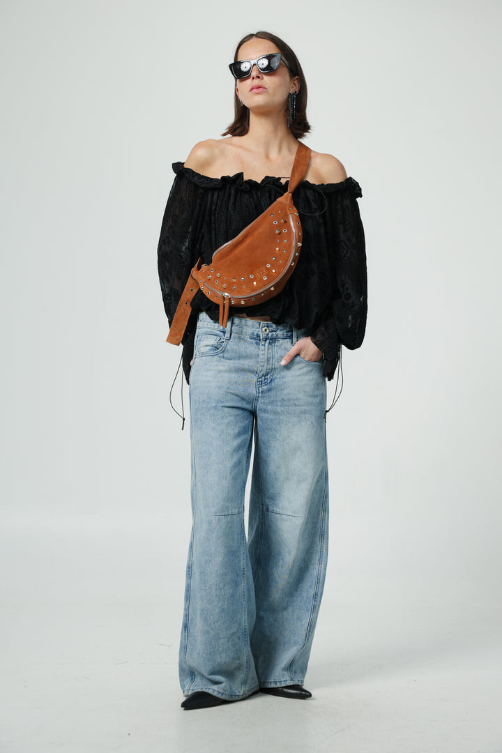 Space Studded Camel Suede Bag