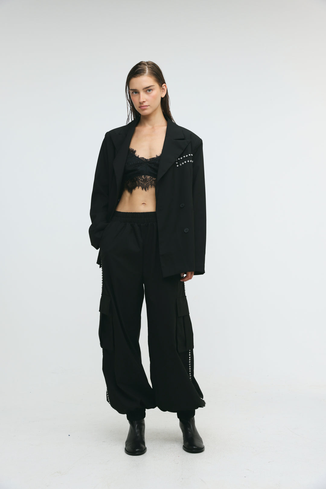 Rhinestone Pocket Tailored Black Blazer