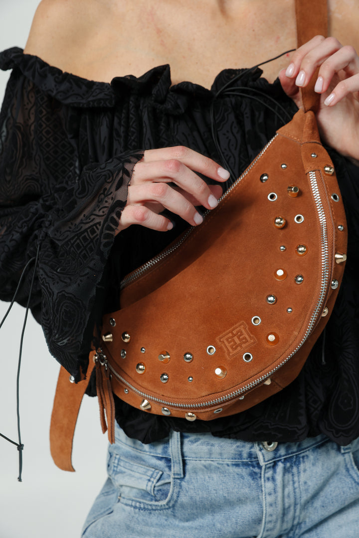 Space Studded Camel Suede Bag