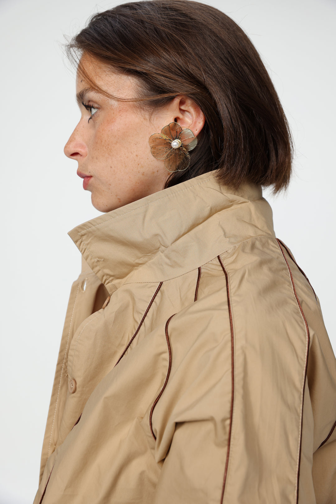 Beige Piped Buttoned Shirt