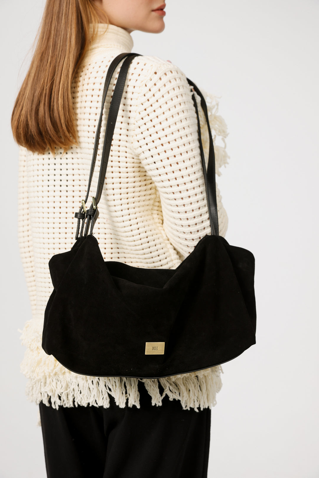 תיק עור זמש שחור Soft Suede Black Side Bag
