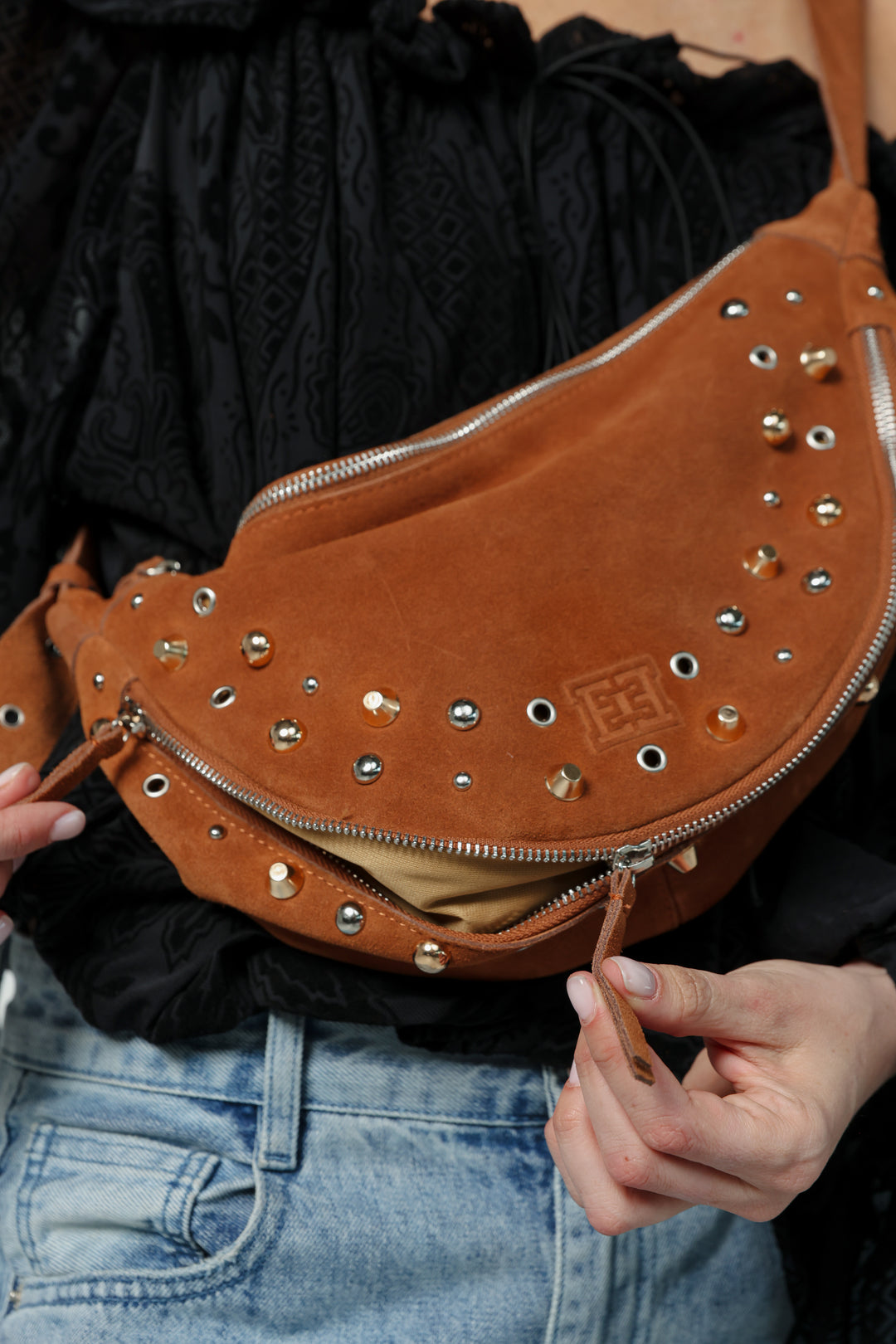 Space Studded Camel Suede Bag