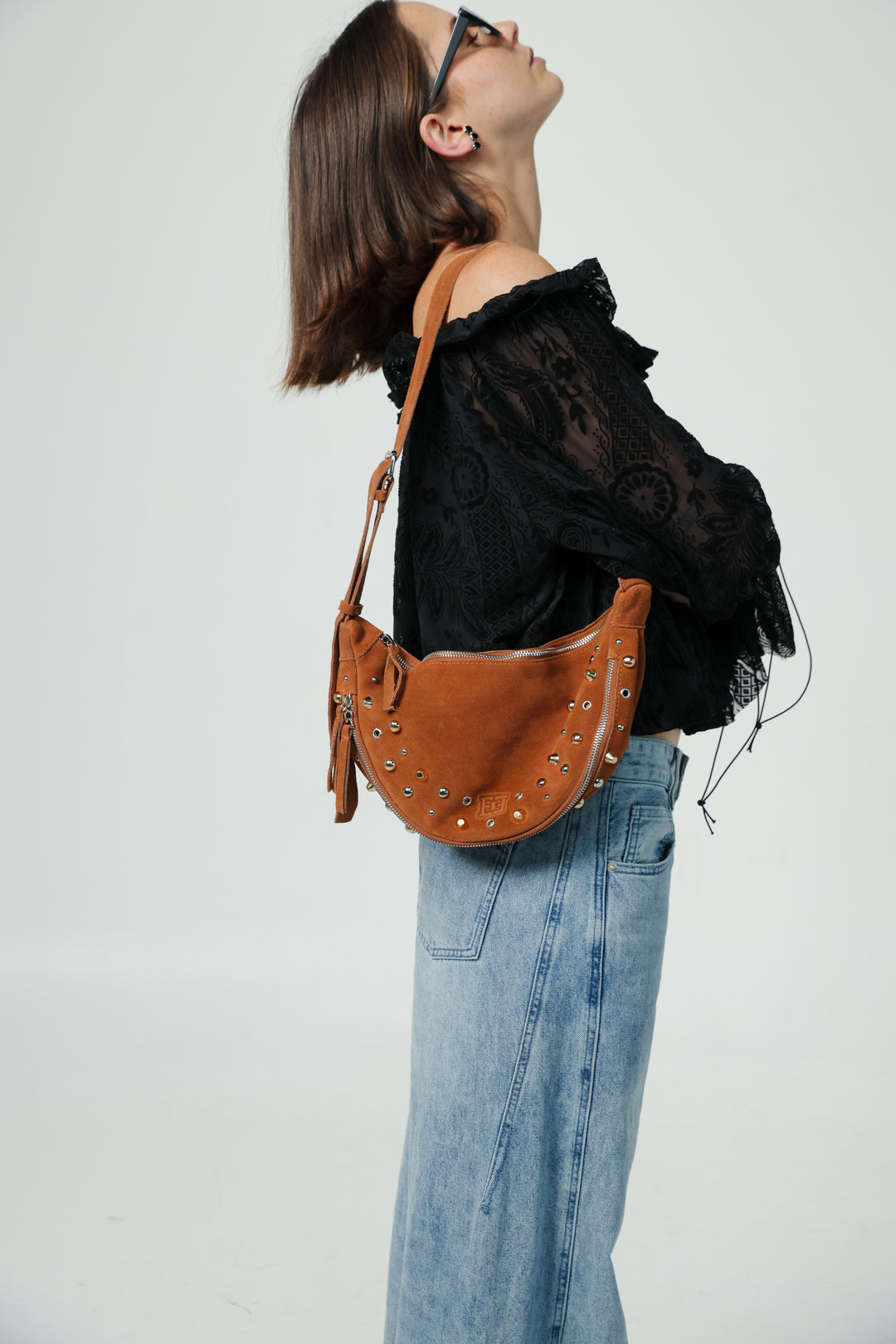 Space Studded Camel Suede Bag