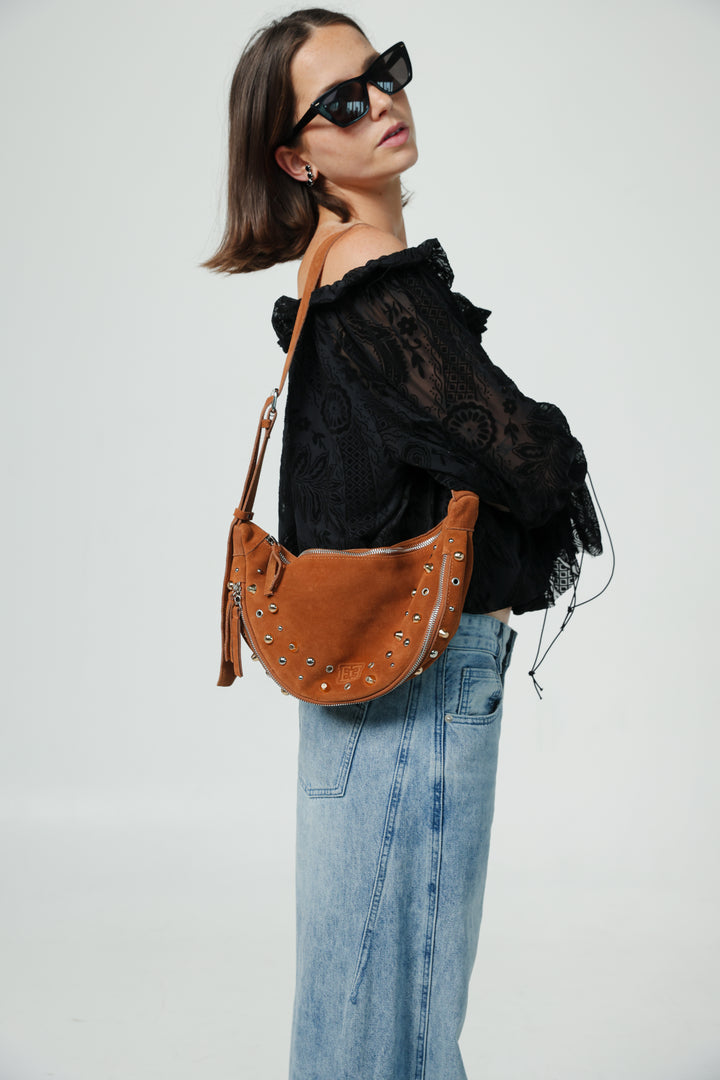 Space Studded Camel Suede Bag