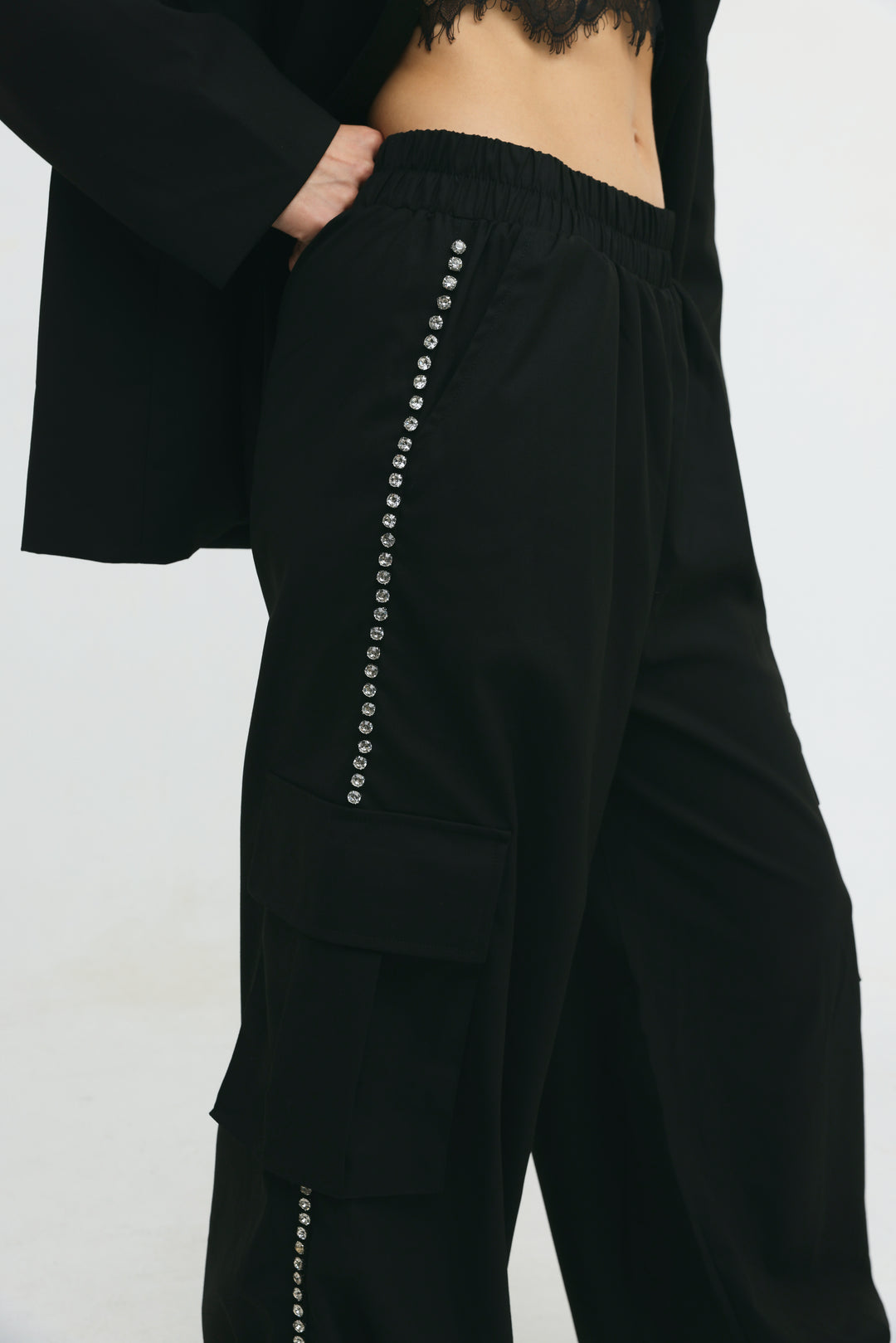 Rhinestone Cargo Black Bottoms
