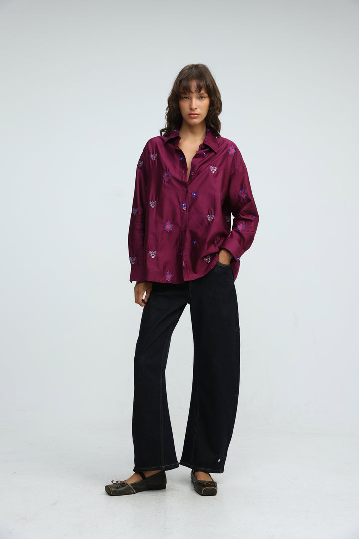 Tiger Embroidered Purple Buttoned Shirt