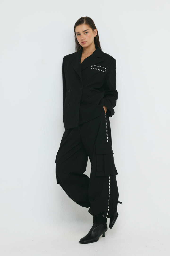 Rhinestone Pocket Tailored Black Blazer