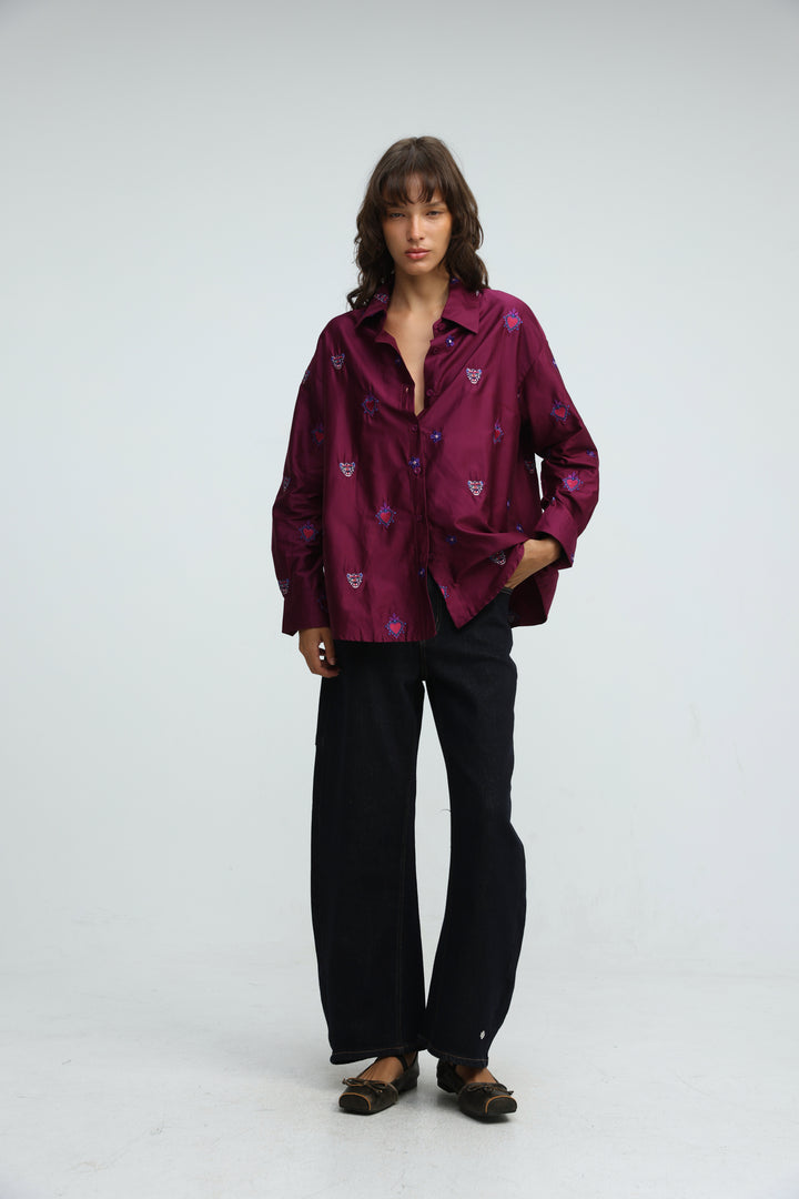 Tiger Embroidered Purple Buttoned Shirt