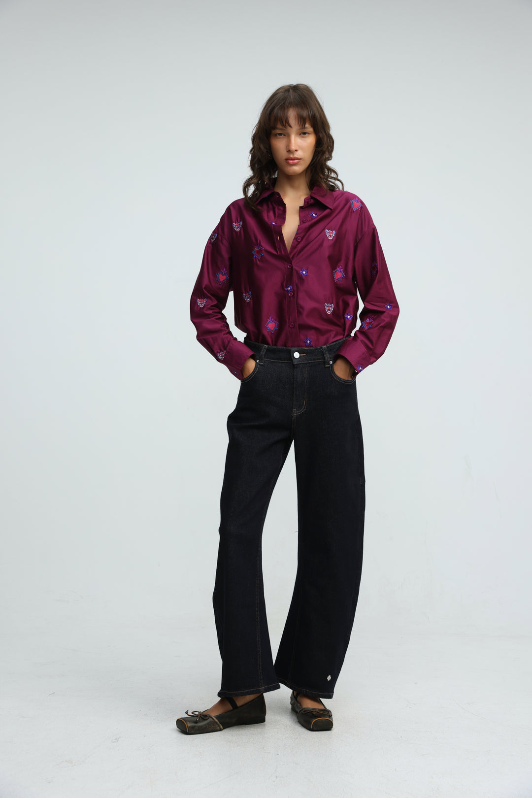 Tiger Embroidered Purple Buttoned Shirt