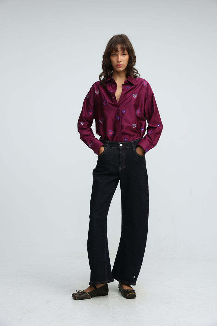 Tiger Embroidered Purple Buttoned Shirt