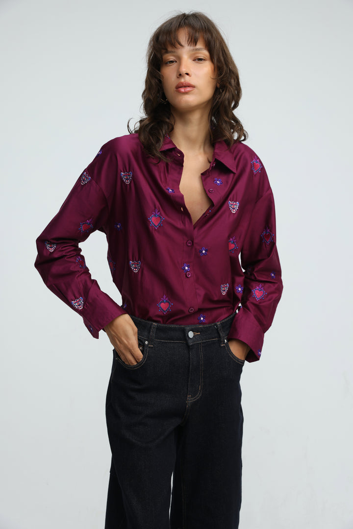 Tiger Embroidered Purple Buttoned Shirt