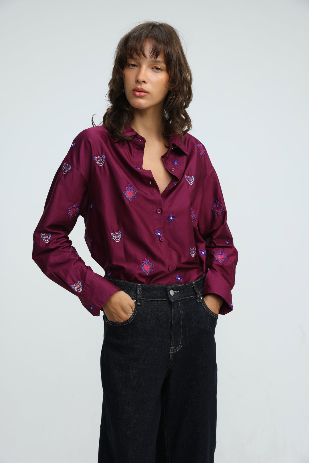 Tiger Embroidered Purple Buttoned Shirt