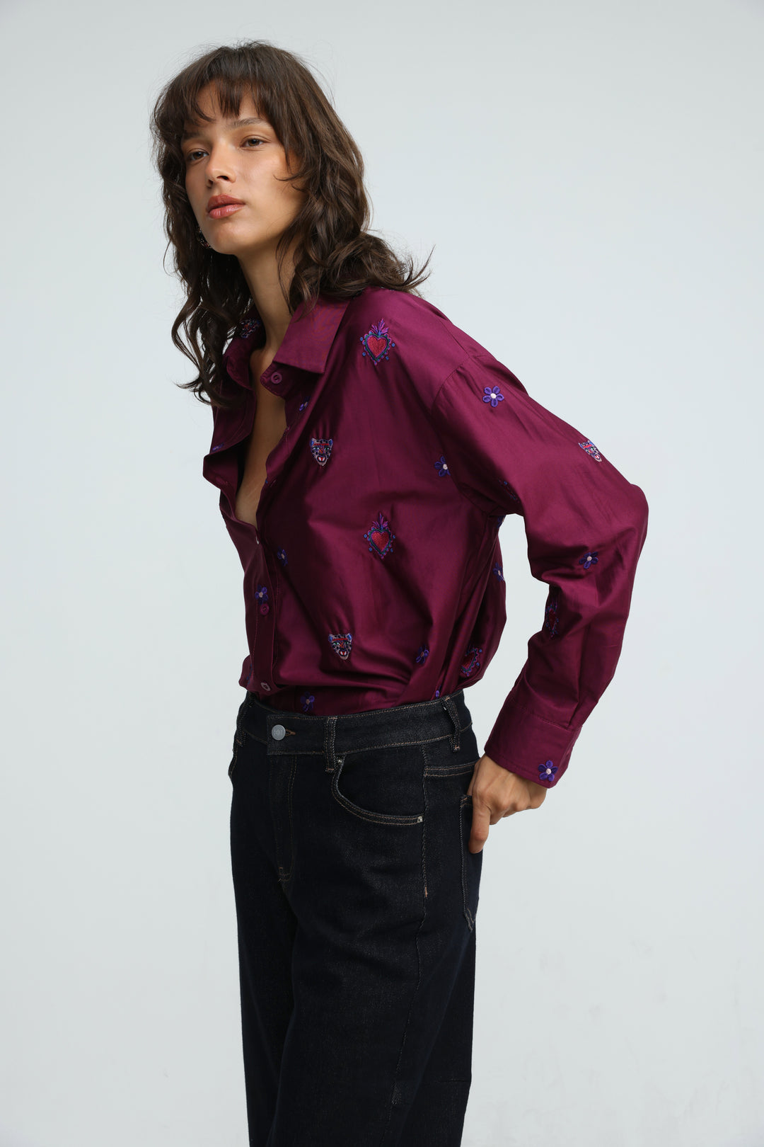 Tiger Embroidered Purple Buttoned Shirt