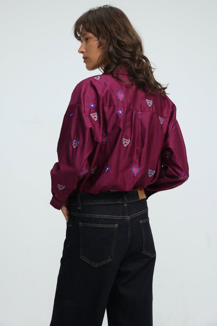Tiger Embroidered Purple Buttoned Shirt