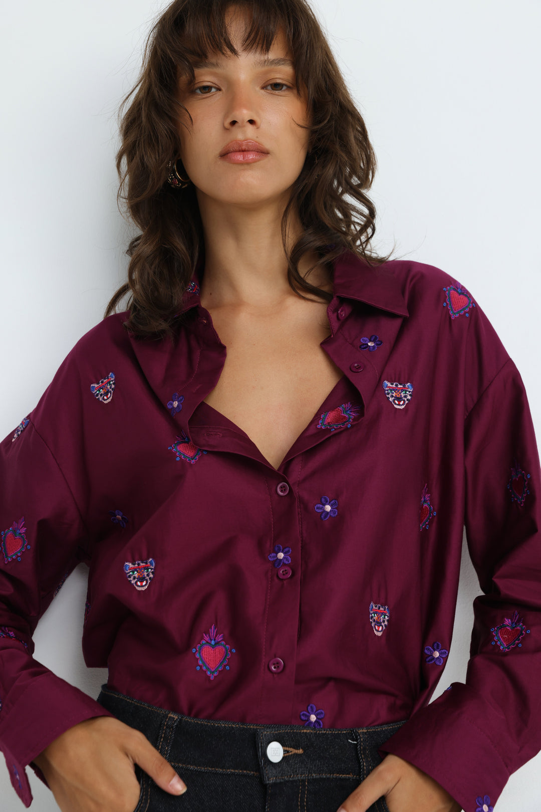 Tiger Embroidered Purple Buttoned Shirt