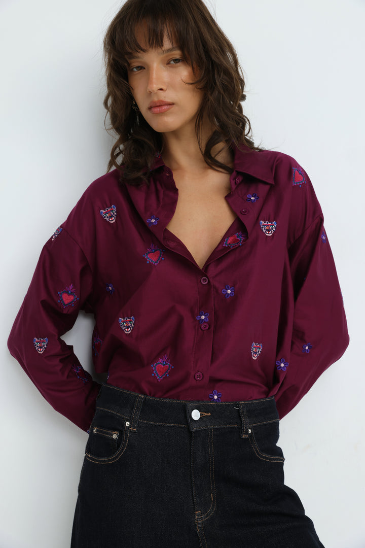 Tiger Embroidered Purple Buttoned Shirt