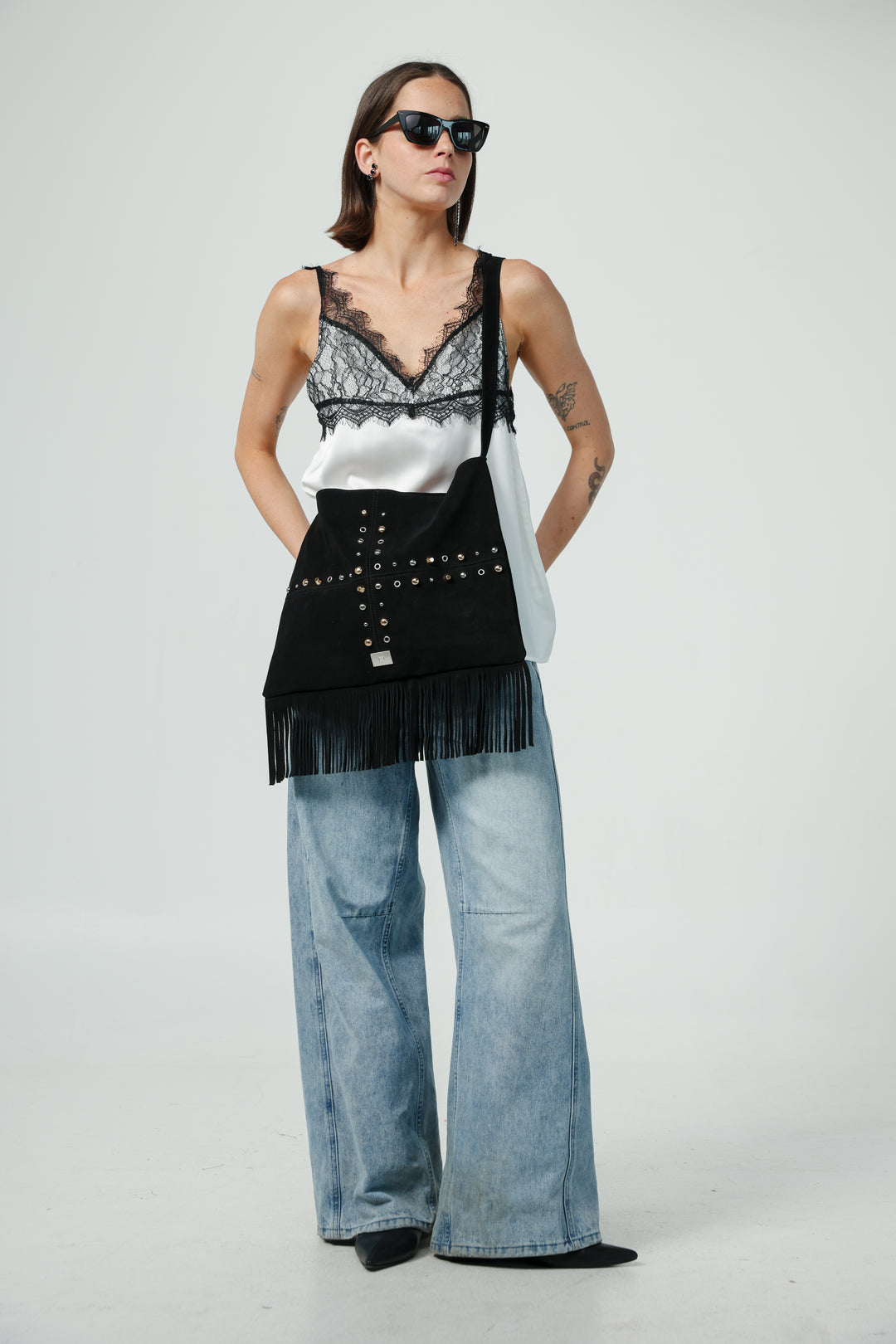 Suede Fringe Black Bag