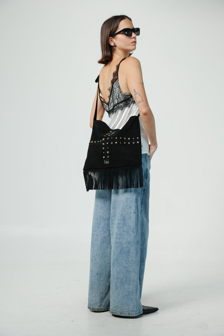 Suede Fringe Black Bag