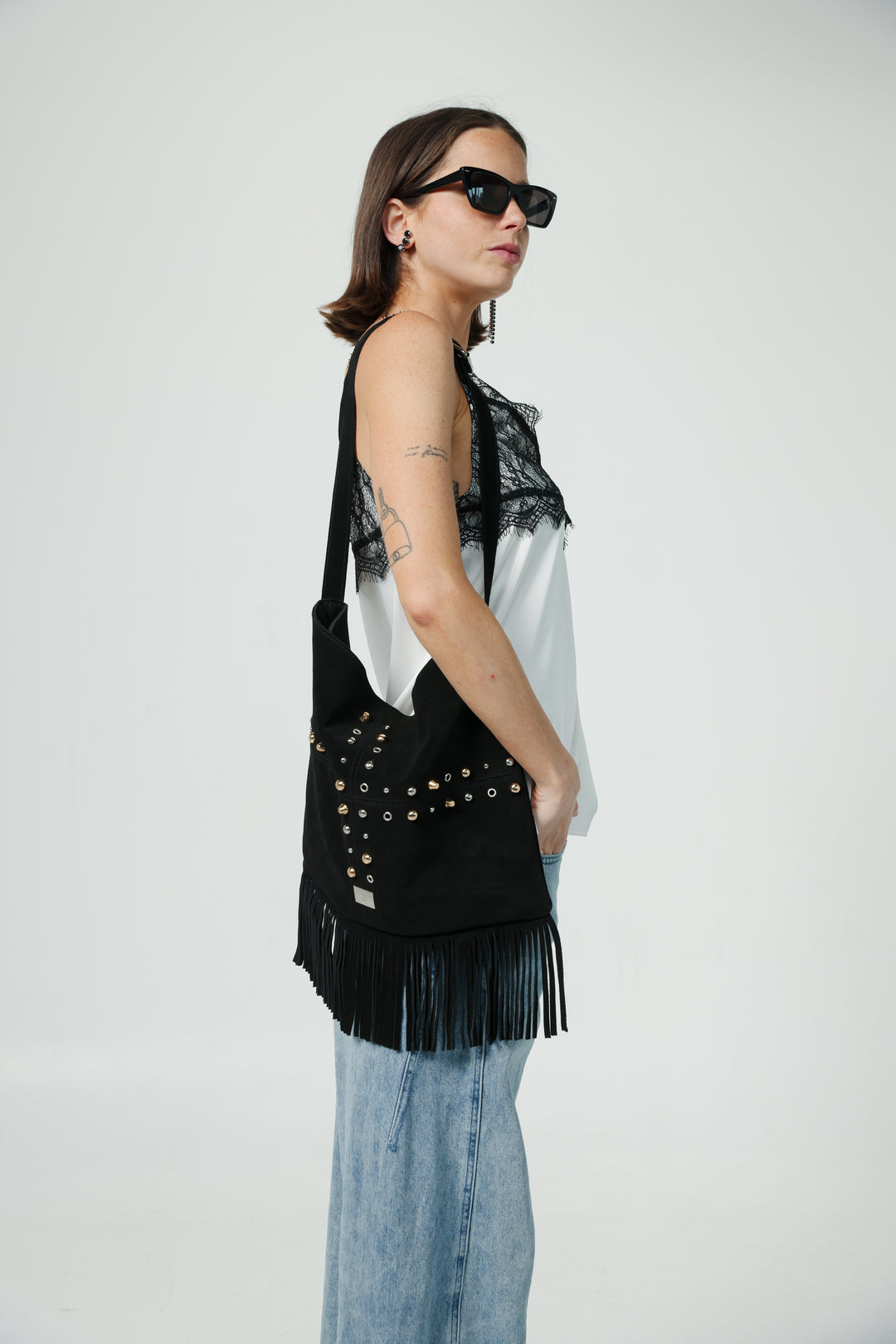 Suede Fringe Black Bag