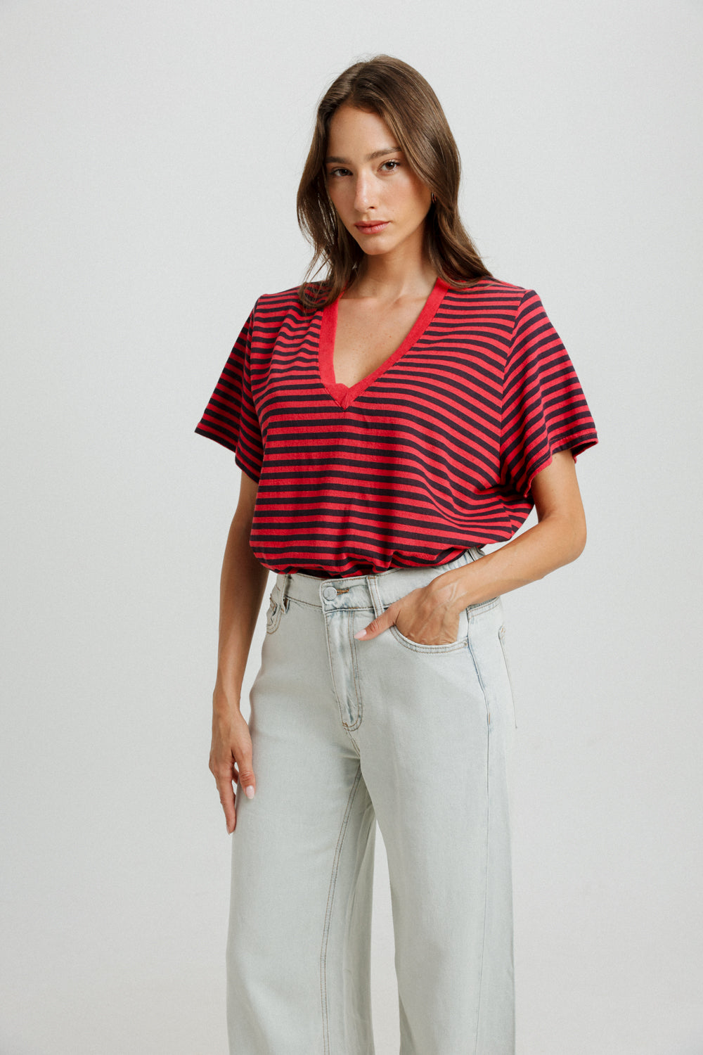 Pioneer Navy Striped Padded V T-Shirt