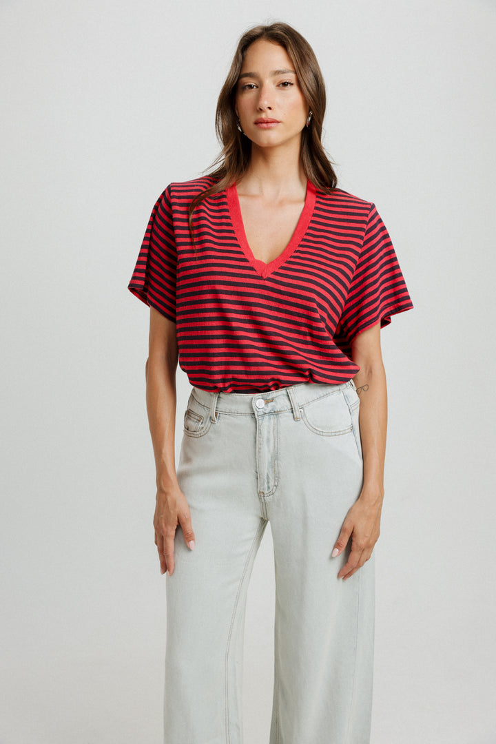 Pioneer Navy Striped Padded V T-Shirt