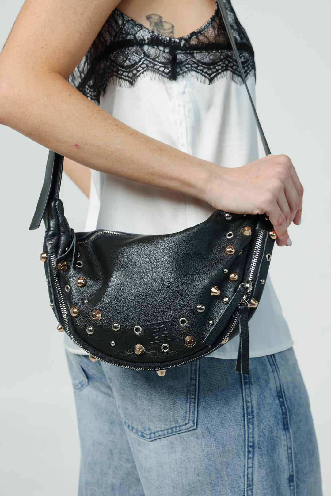 Space Studded Black Leather Bag