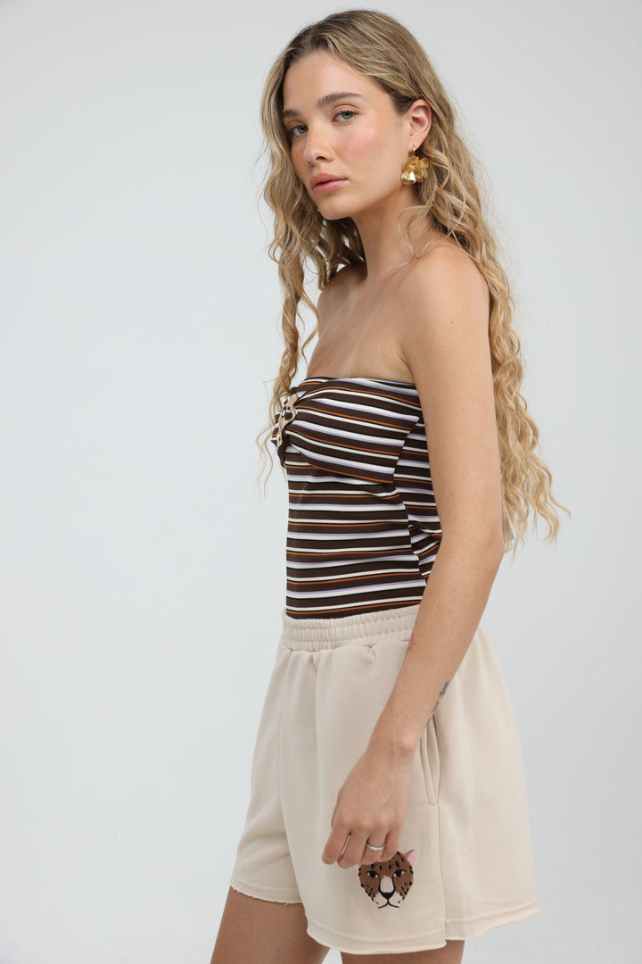 Icon Brown Striped Strapless Top