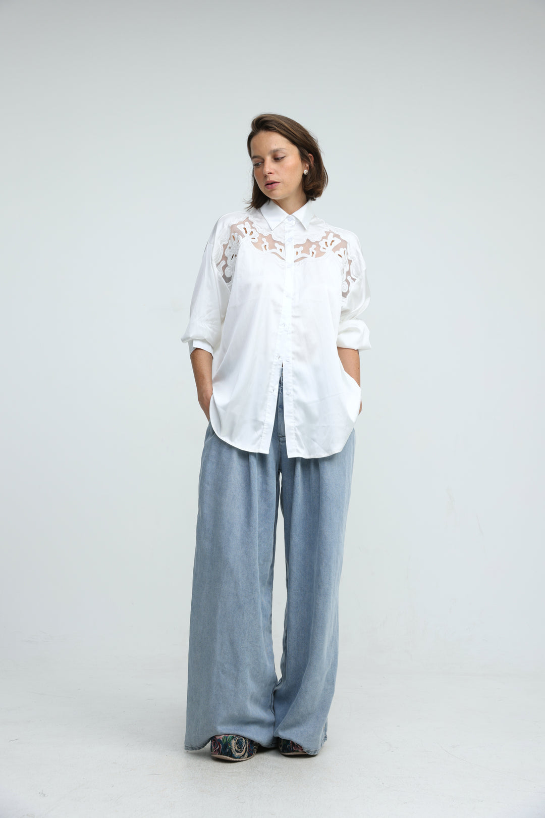 Satin Embroidered White Buttoned Shirt